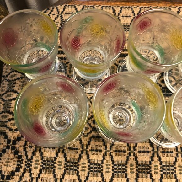 KIG Indonesia Footed Dessert Dish Embossed Floral Glass Vtg Set of 8 - Picture 5 of 8